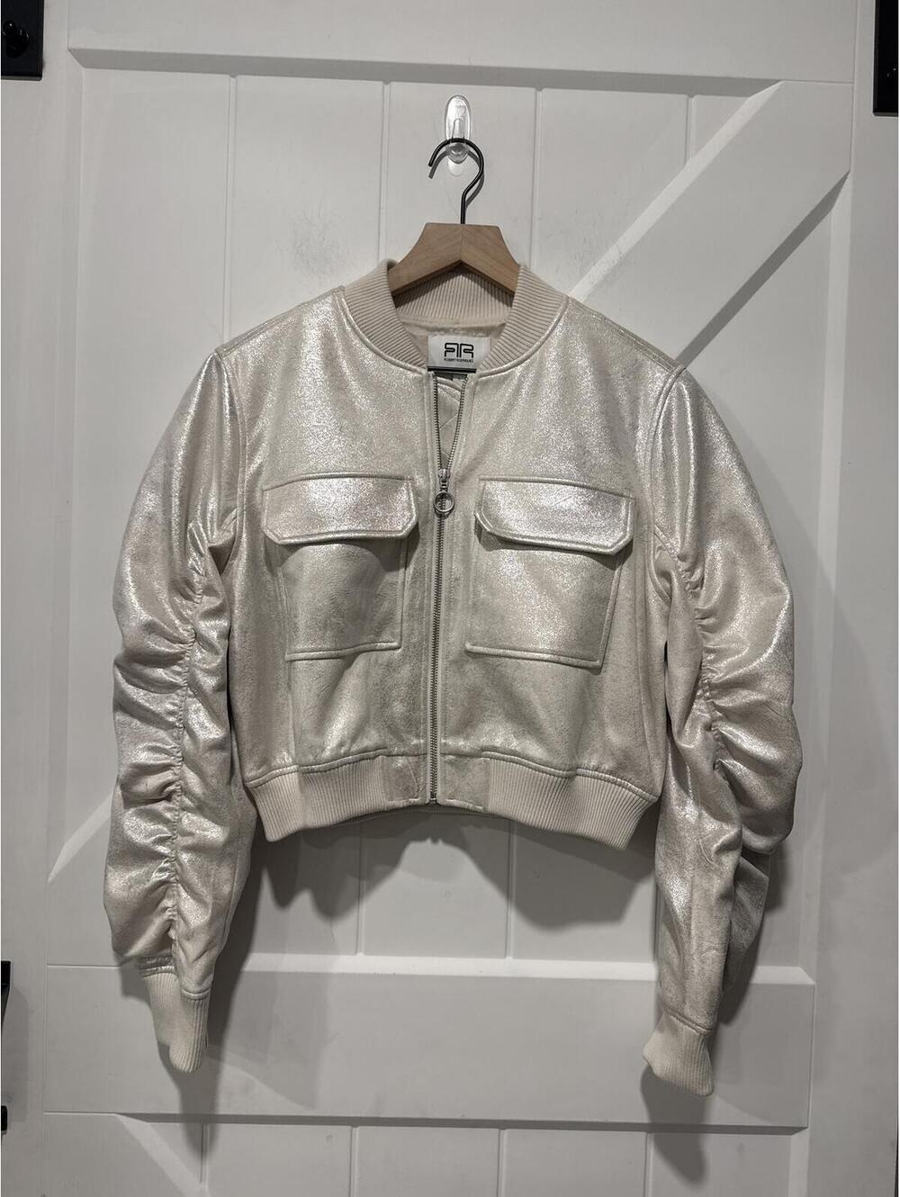 Robert Rodriguez Metallic Bomber Jacket with Ruched Sleeves, Size S